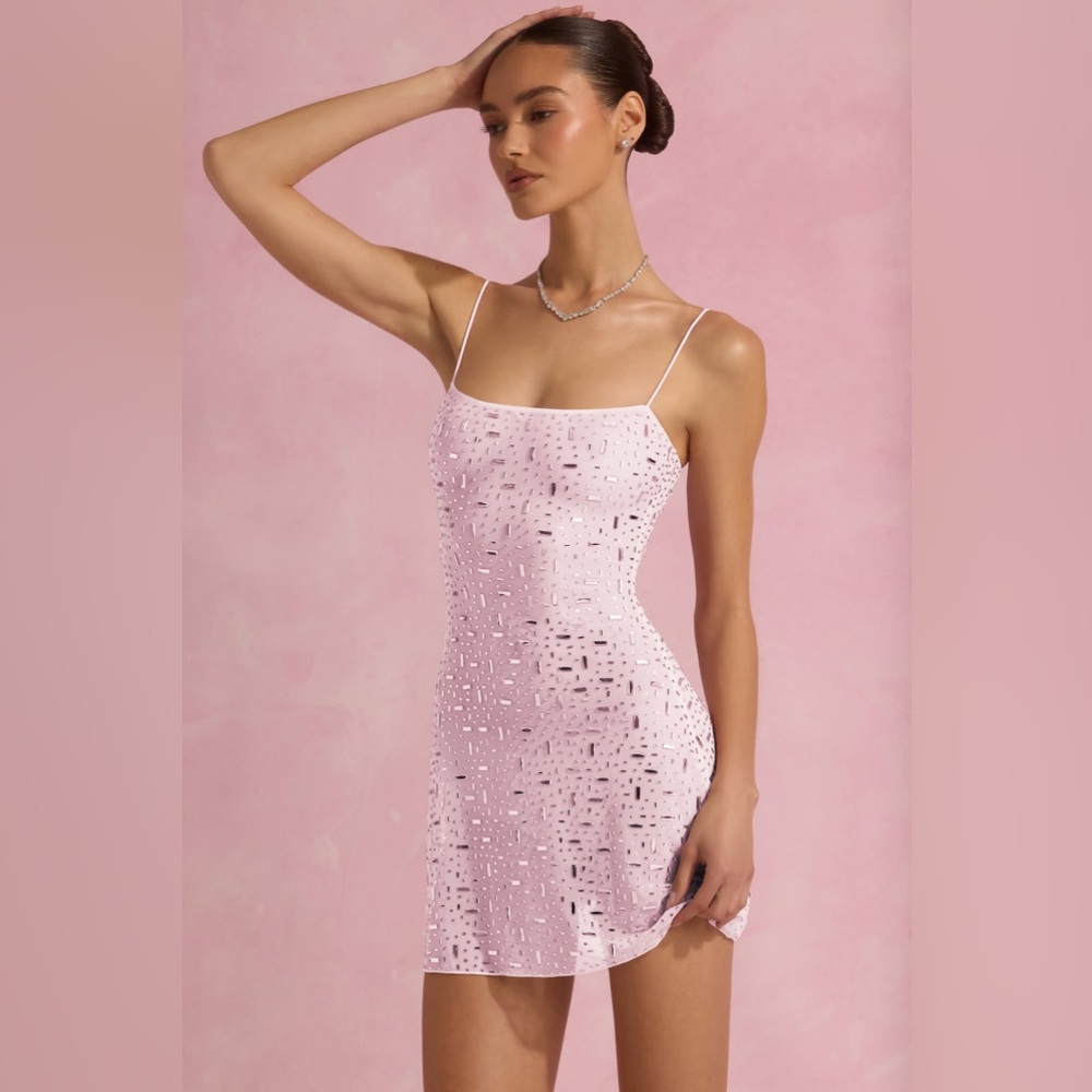 Oh Polly Sheer Embellished Square-Neck Mini Dress in Pink